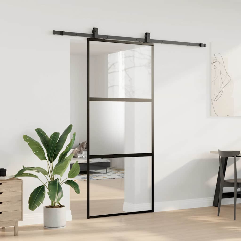 Porta Scorrevole Set Ferramenta Nera 90x205 cm Vetro Temperato