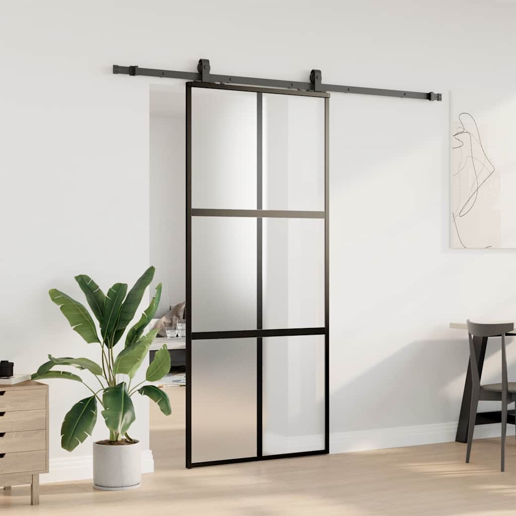 Porta Scorrevole Set Ferramenta Nera 90x205 cm Vetro Temperato
