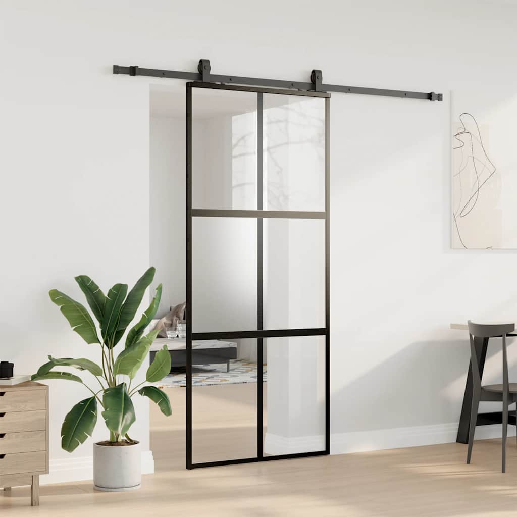 Porta Scorrevole Set Ferramenta Nera 90x205 cm Vetro Temperato