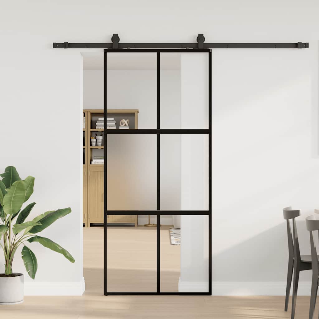 Porta Scorrevole Set Ferramenta Nera 90x205 cm Vetro Temperato