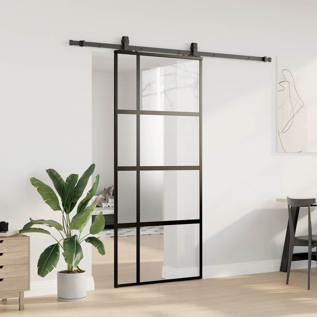 Porta Scorrevole Set Ferramenta Nera 90x205 cm Vetro Temperato