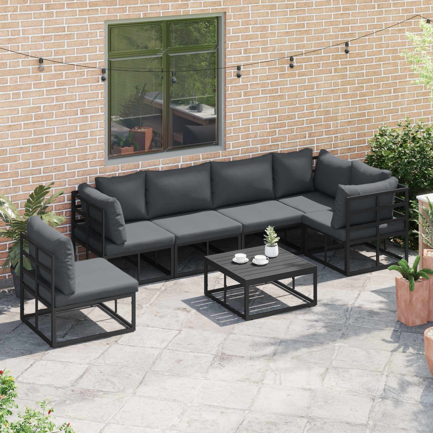 Set Divano da Giardino con cuscino 7 pcs Nero Alluminio