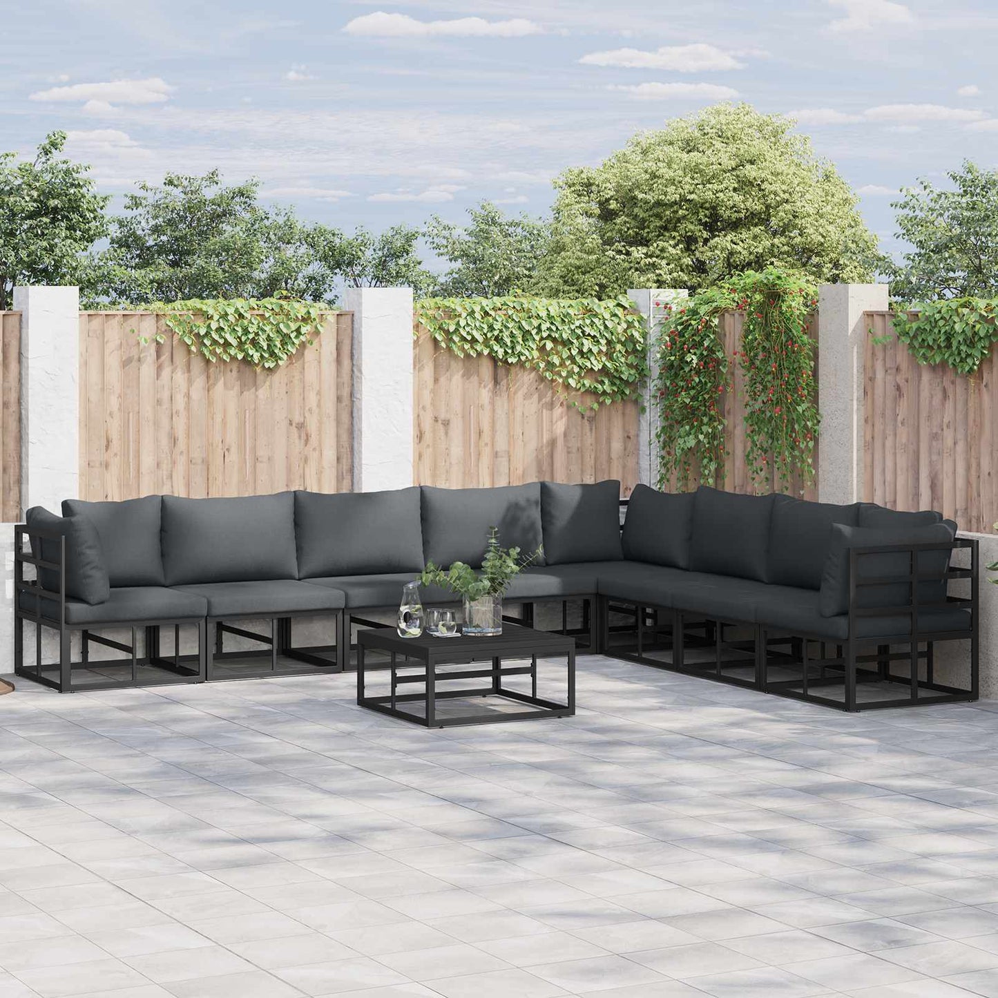Set Divano da Giardino con cuscino 9 pcs Nero Alluminio