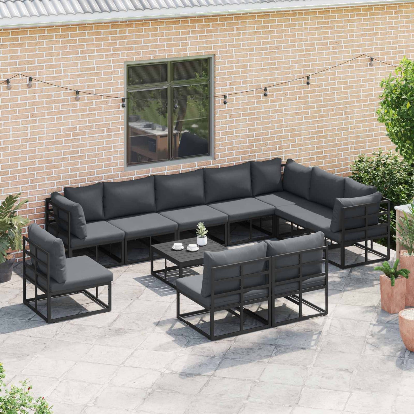 Set Divano da Giardino con cuscino 11 pcs Nero Alluminio