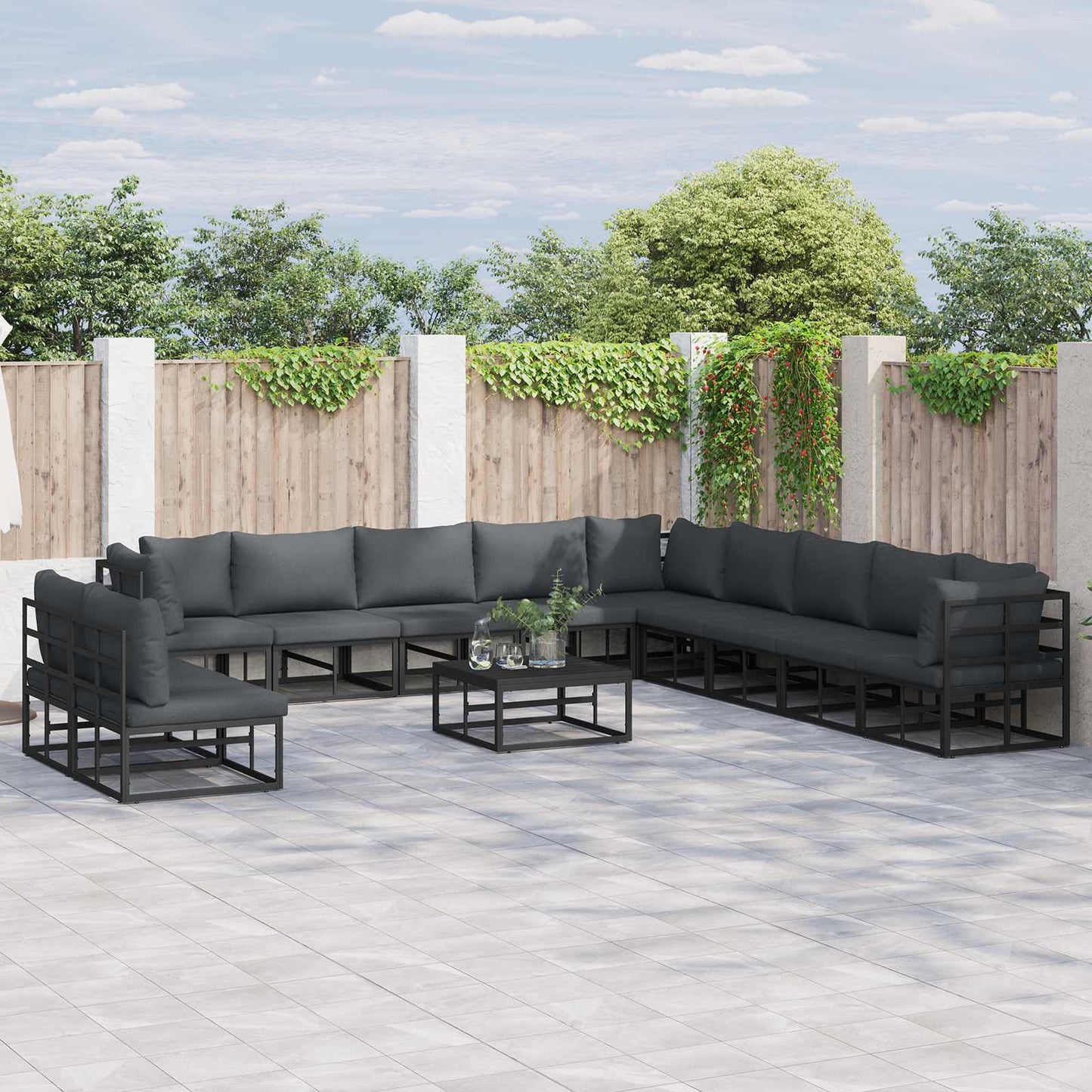 Set Divano da Giardino con cuscino 12 pcs Nero Alluminio