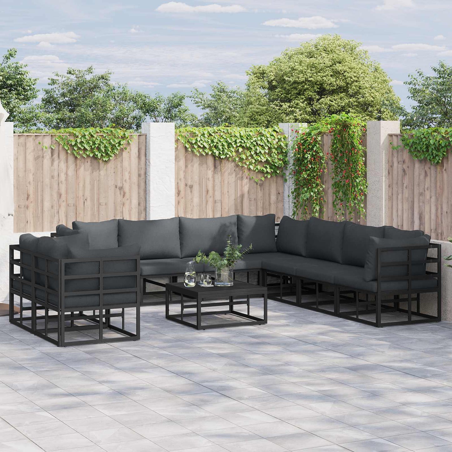 Set Divano da Giardino con cuscino 9 pcs Nero Alluminio