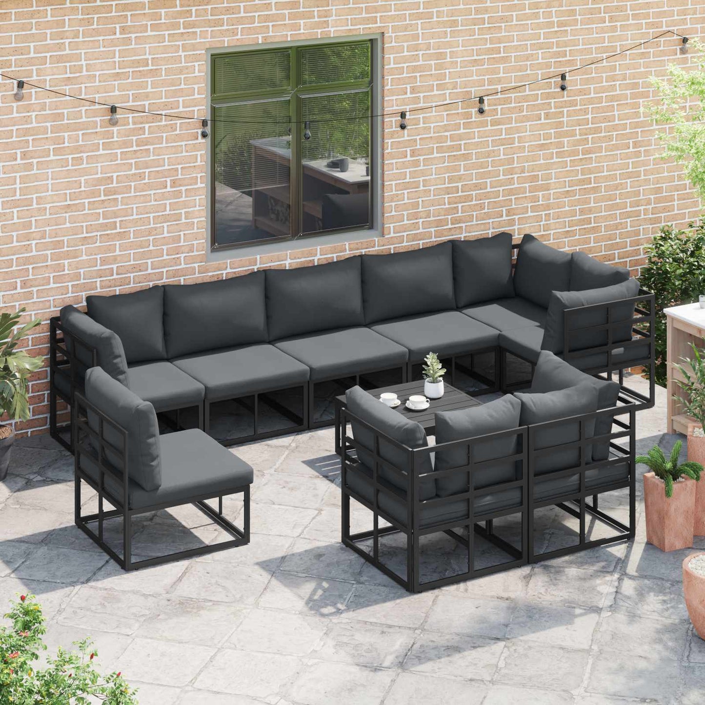 Set Divano da Giardino con cuscino 10 pcs Nero Alluminio