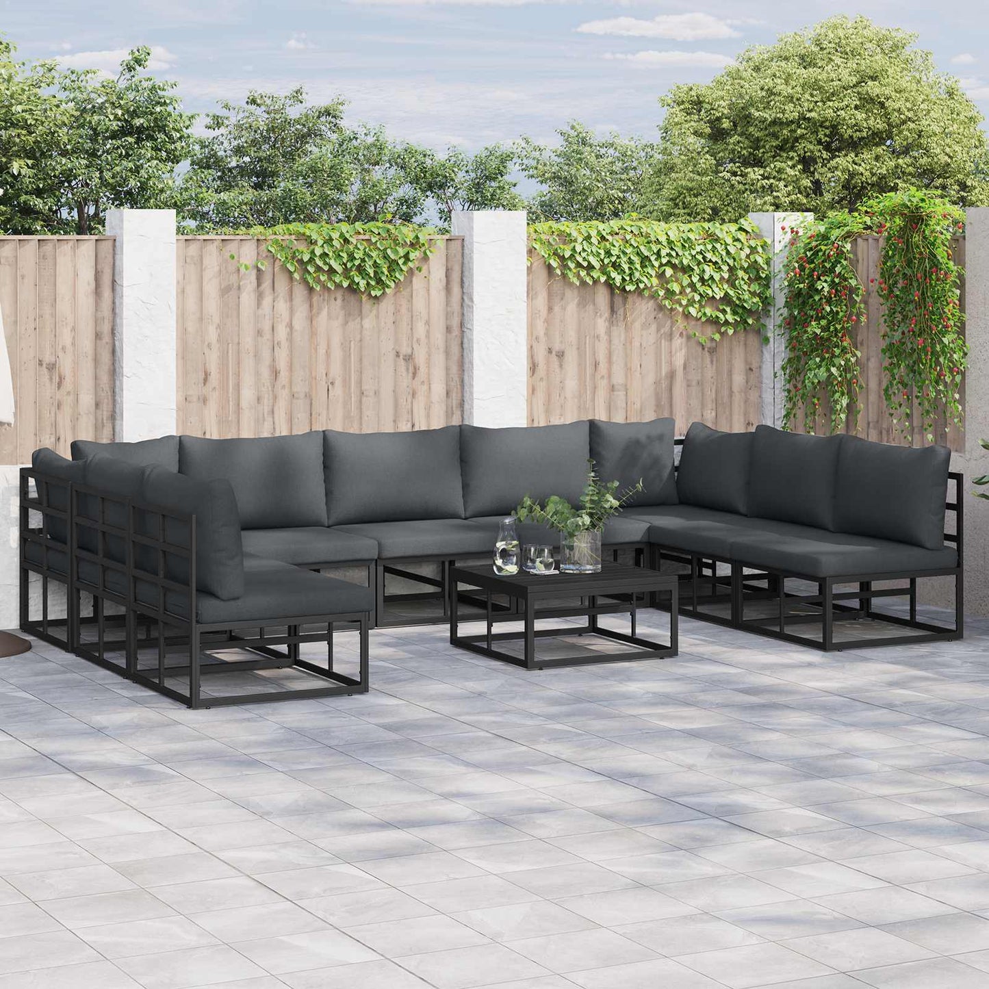 Set Divano da Giardino con cuscino 10 pcs Nero Alluminio