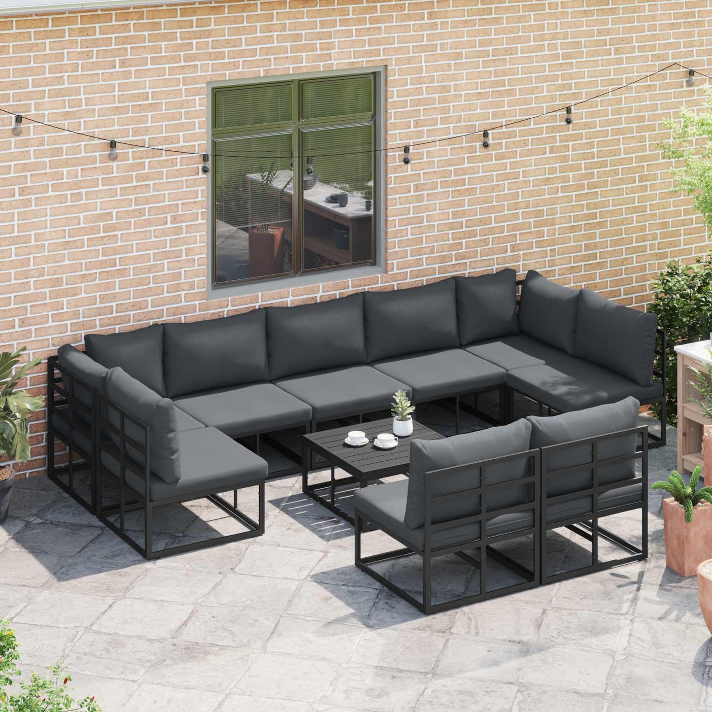 Set Divano da Giardino con cuscino 10 pcs Nero Alluminio