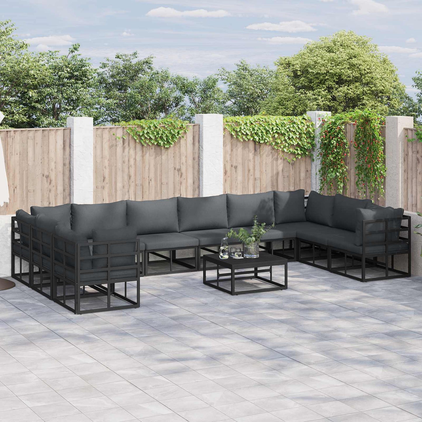 Set Divano da Giardino con cuscino 10 pcs Nero Alluminio