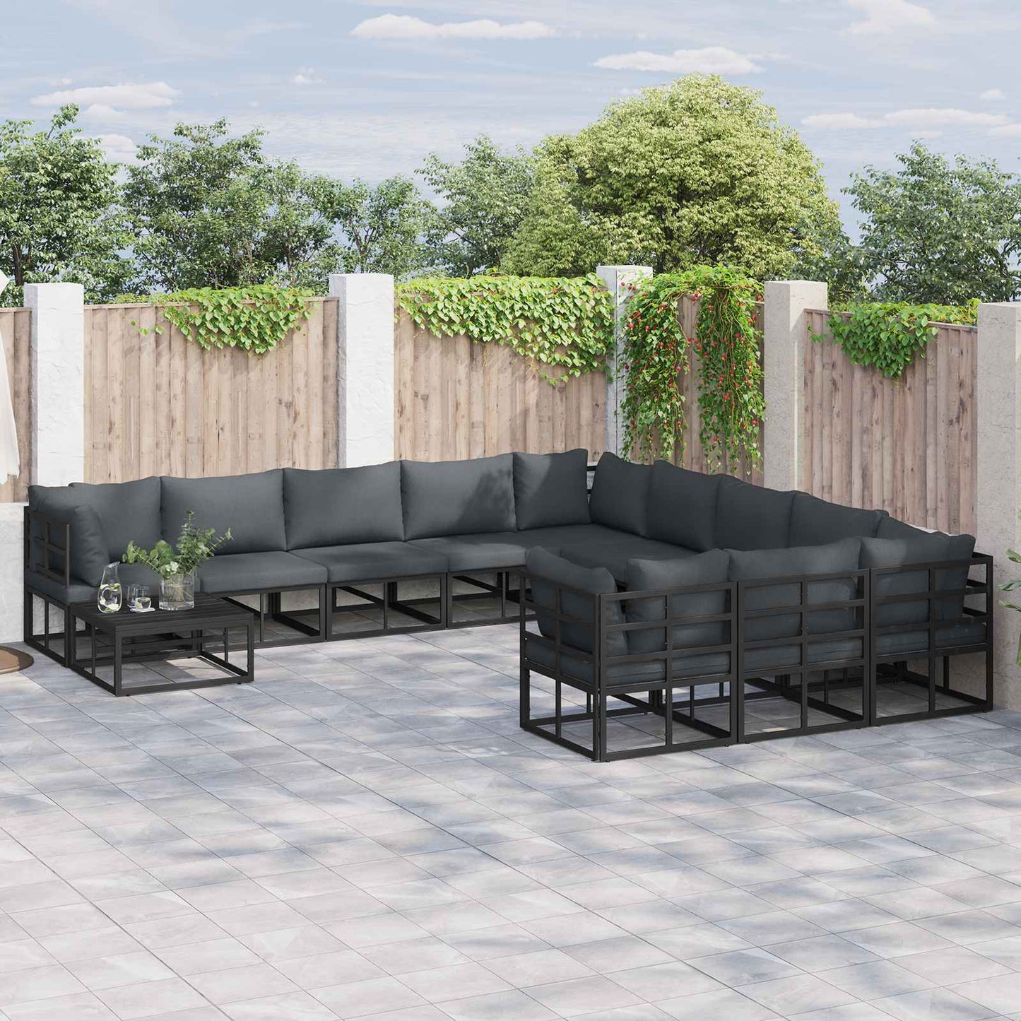 Set Divano da Giardino con cuscino 12 pcs Nero Alluminio