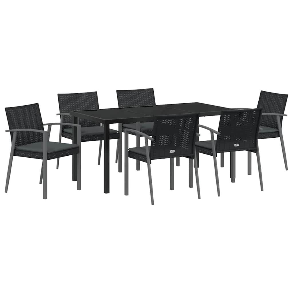 Set da Pranzo per Giardino 7 pcs Nero e Grigio Rattan in PE
