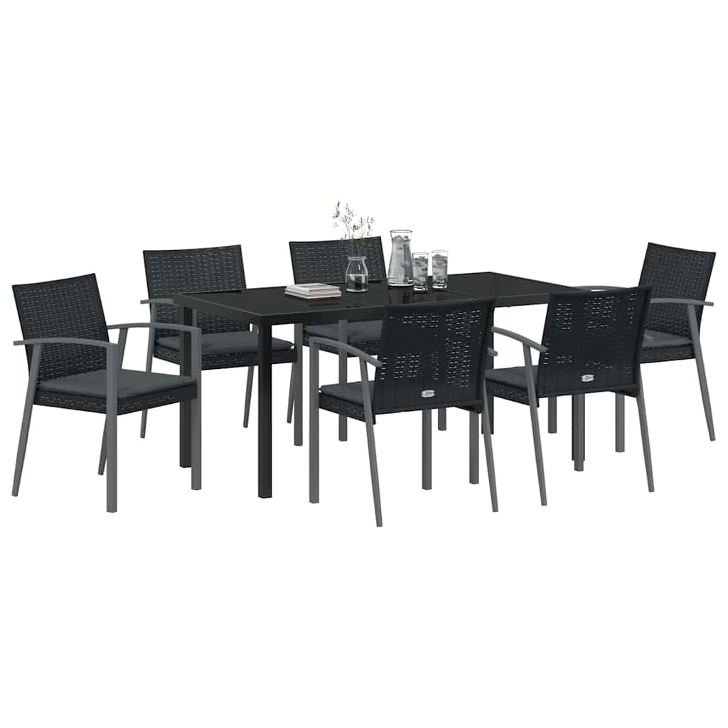 Set da Pranzo per Giardino 7 pcs Nero e Grigio Rattan in PE