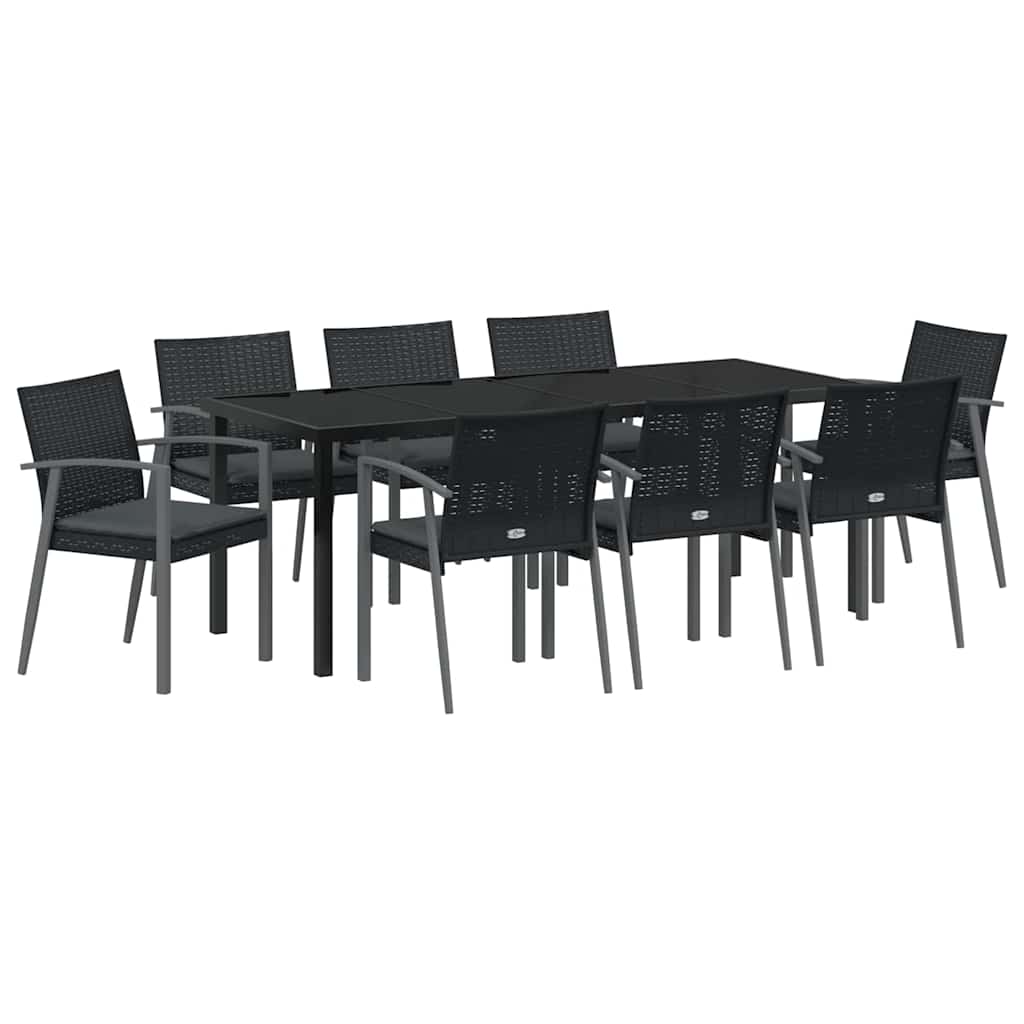 Set da Pranzo per Giardino 9 pcs Nero e Grigio Rattan in PE
