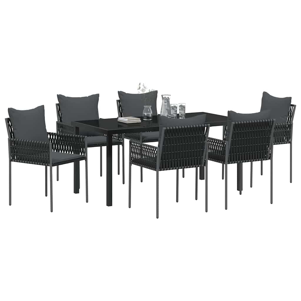 Set da Pranzo per Giardino 7 pcs Nero e Grigio Rattan in PE