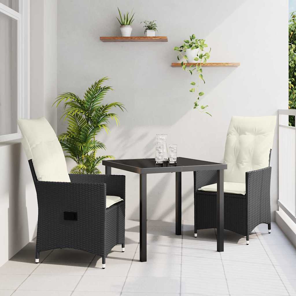 Set da Pranzo per Giardino con cuscino 3 pcs Nero polyrattan