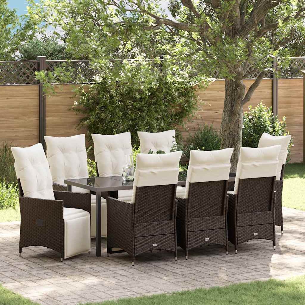 Set da Pranzo per Giardino con cuscino 9 pcs Marrone polyrattan