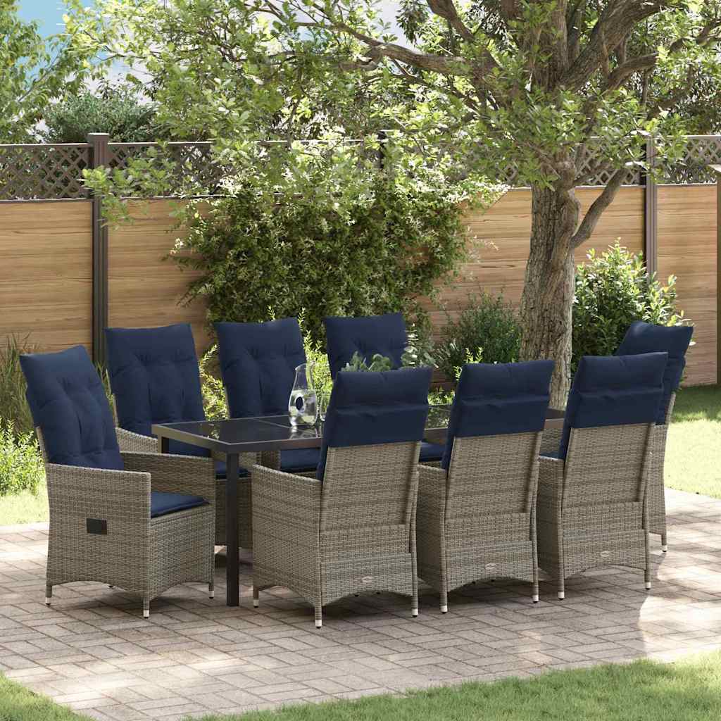 Set di tavolo e sedie con cuscino 9 pcs Grigio Rattan in PE