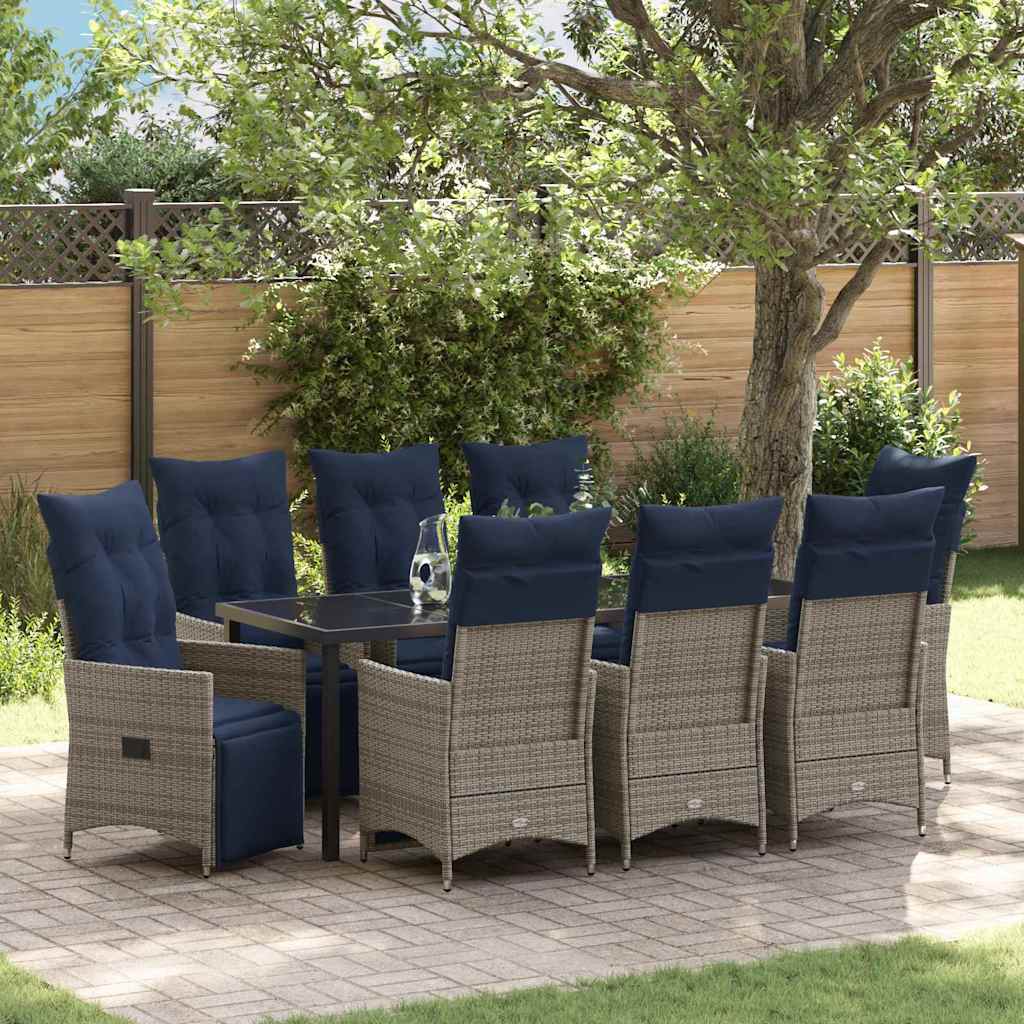 Set di tavolo e sedie con cuscino 9 pcs Grigio Rattan in PE