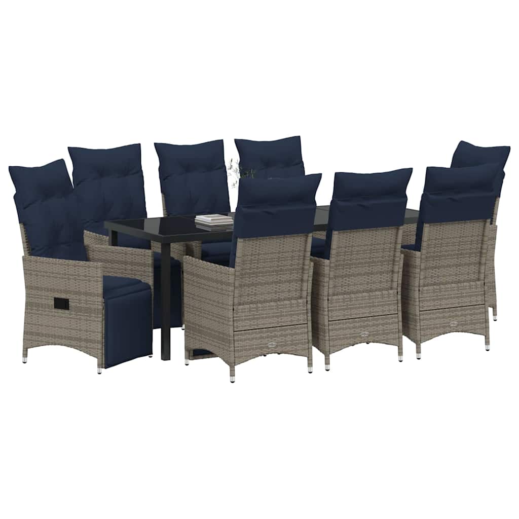 Set di tavolo e sedie con cuscino 9 pcs Grigio Rattan in PE