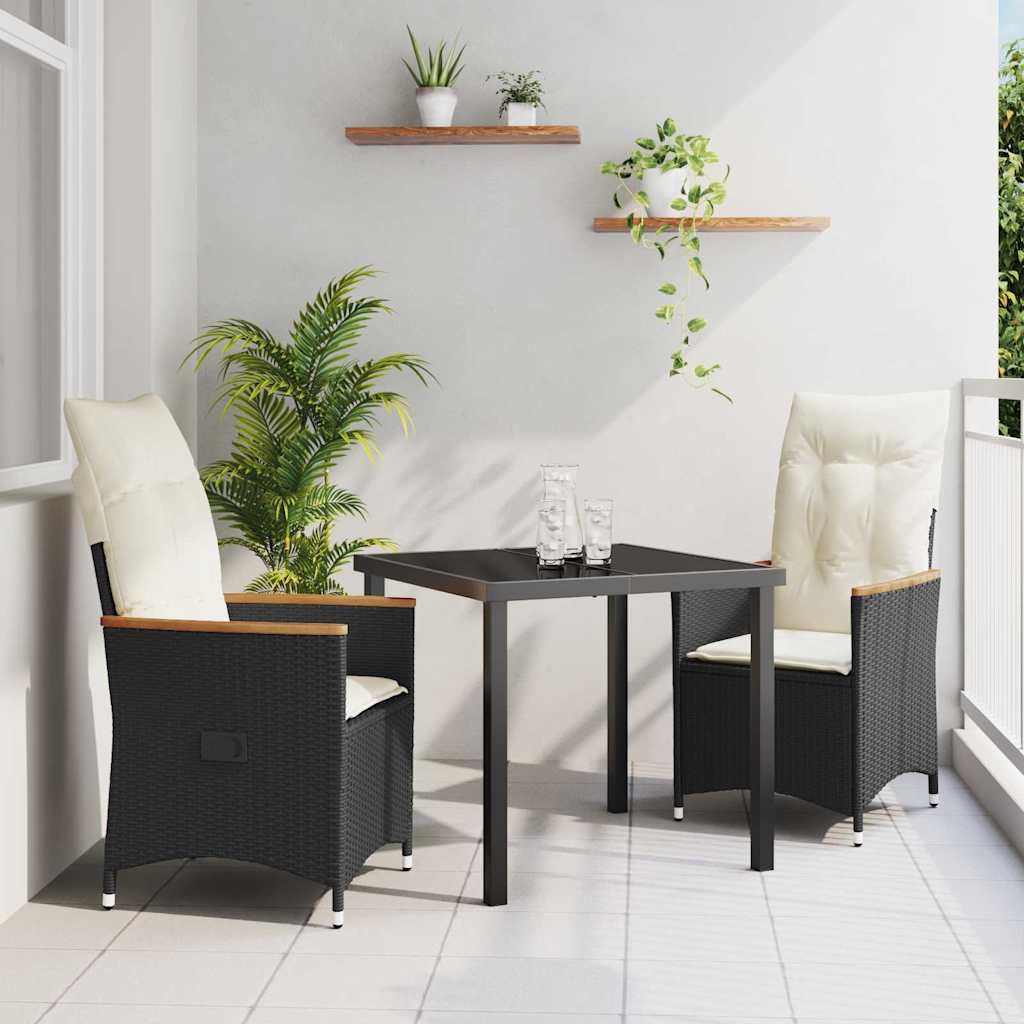 Set da Pranzo per Giardino con cuscino 3 pcs Nero polyrattan