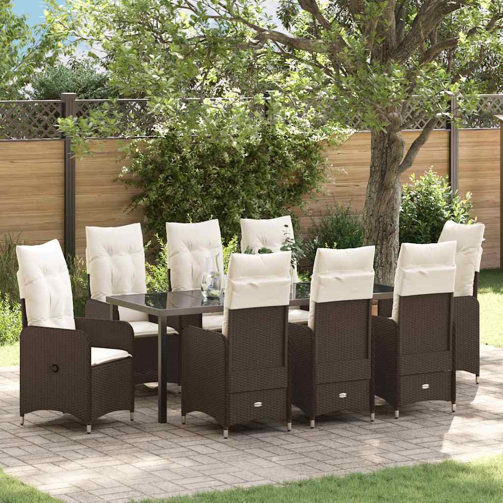Set da Pranzo per Giardino con cuscino 9 pcs Marrone polyrattan