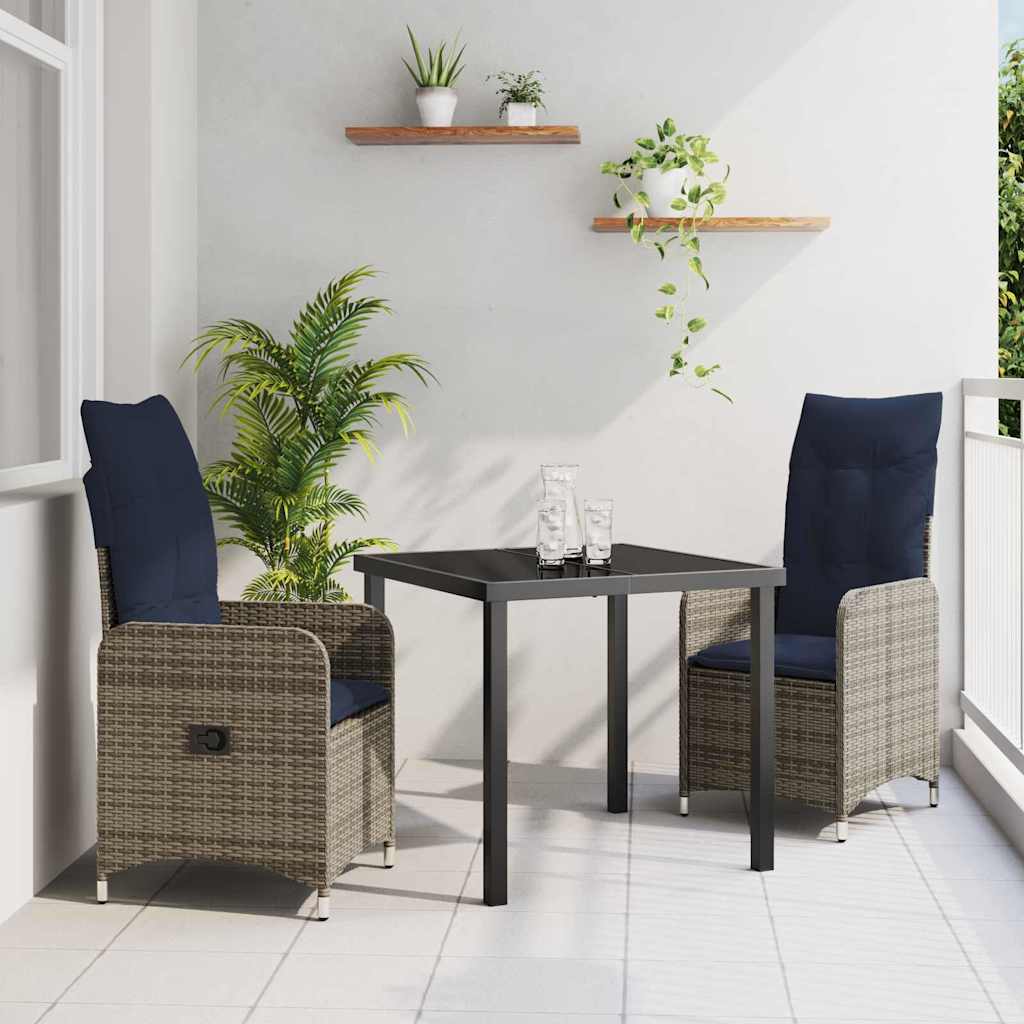 Set di tavolo e sedie con cuscino 3 pcs Grigio Rattan in PE