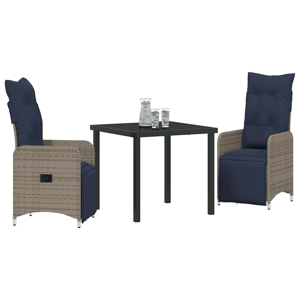 Set di tavolo e sedie con cuscino 3 pcs Grigio Rattan in PE