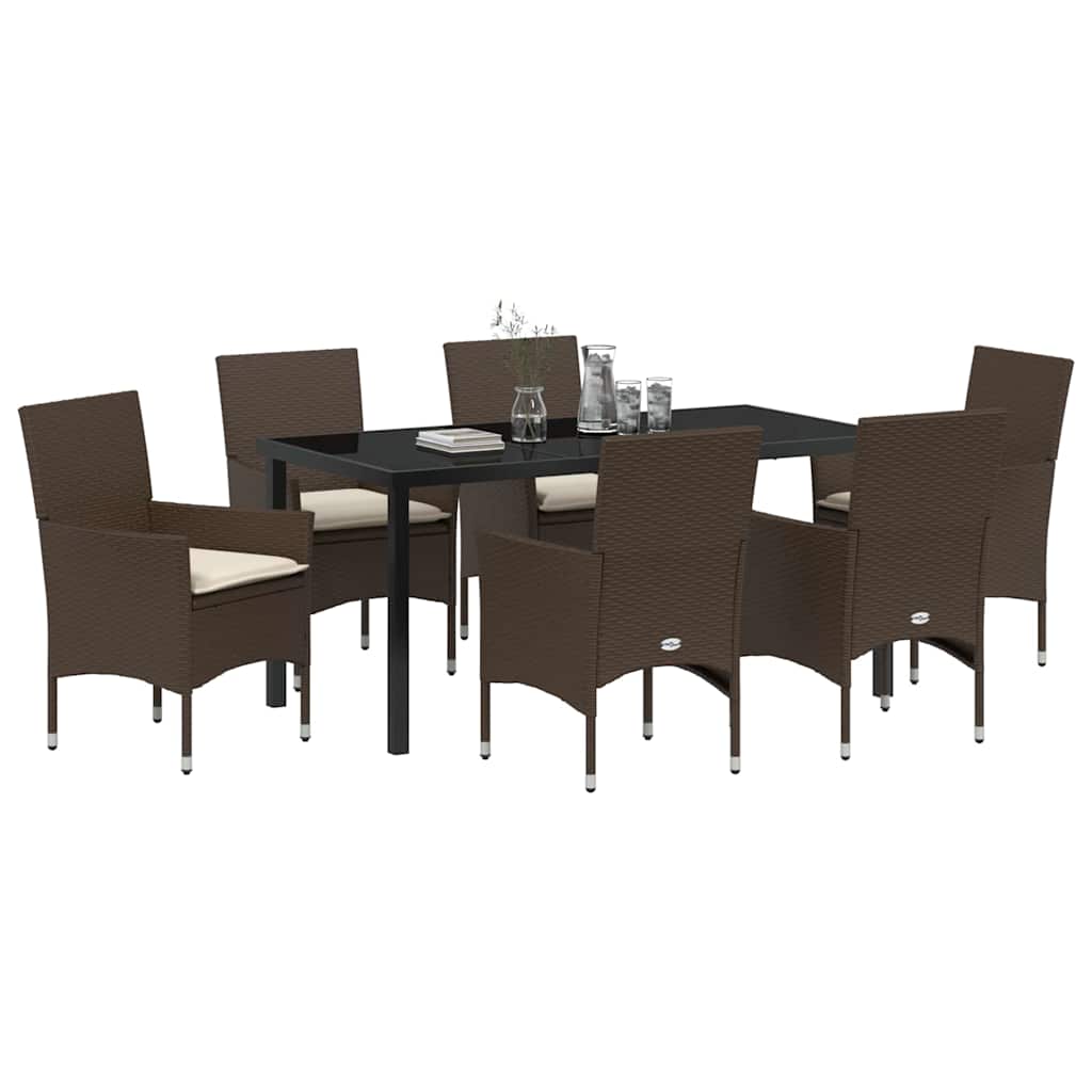Set da Pranzo per Giardino con cuscino 7 pcs Marrone polyrattan