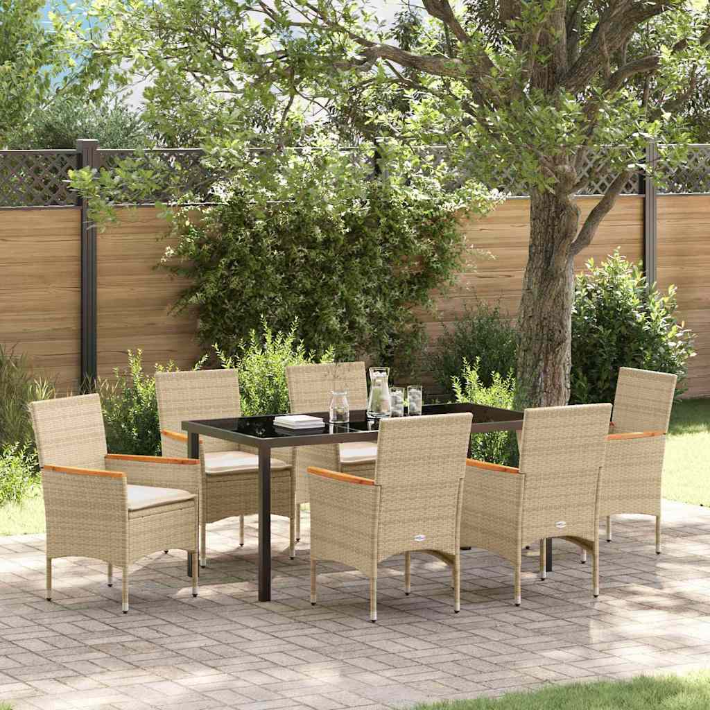 Set da Pranzo per Giardino con cuscino 7 pcs Beige polyrattan