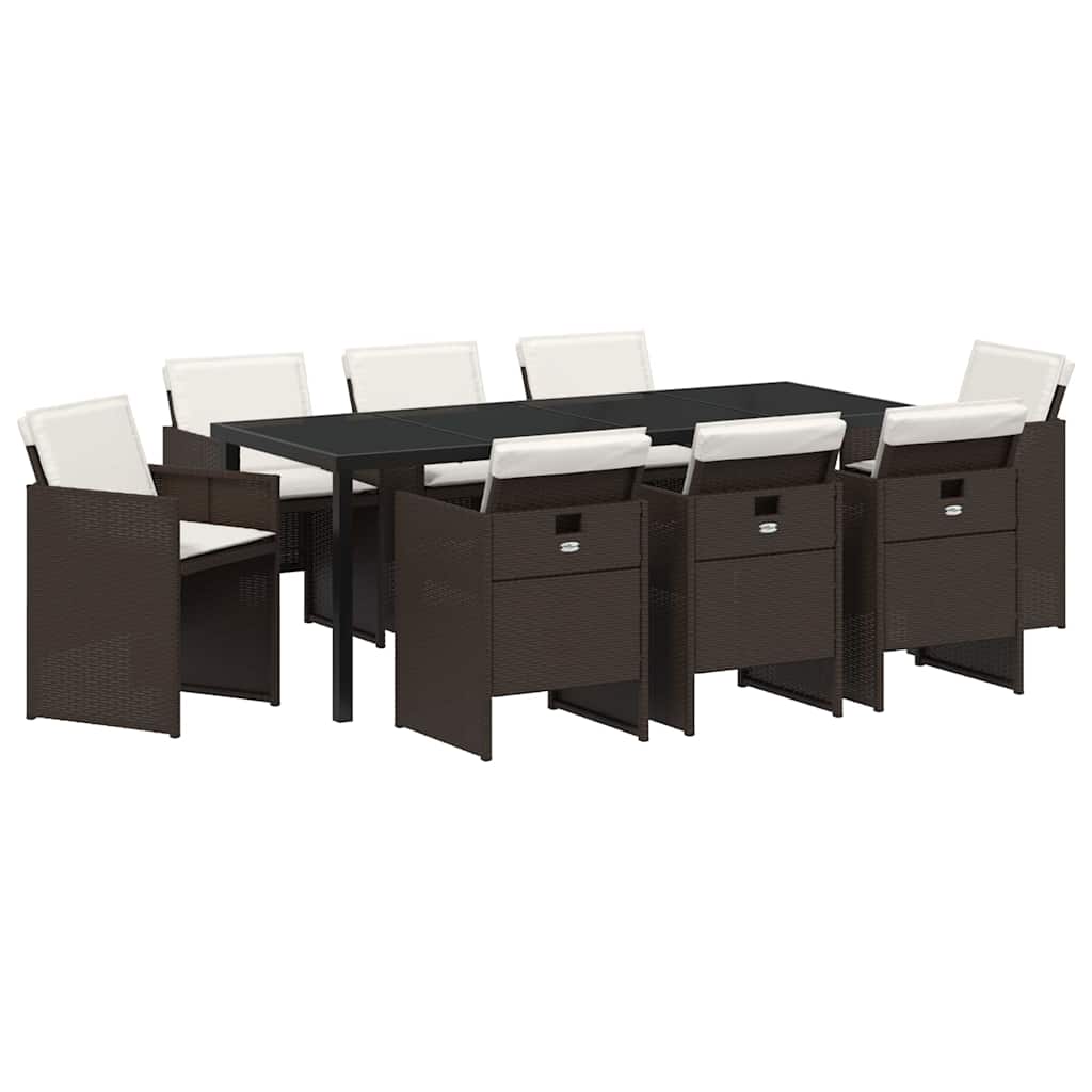 Set da Pranzo per Giardino con cuscino 9 pcs Marrone polyrattan