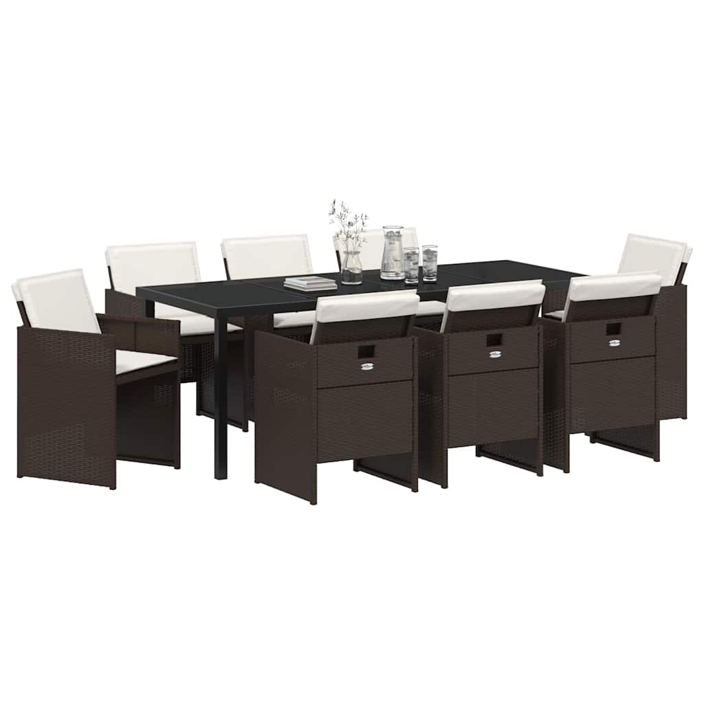Set da Pranzo per Giardino con cuscino 9 pcs Marrone polyrattan