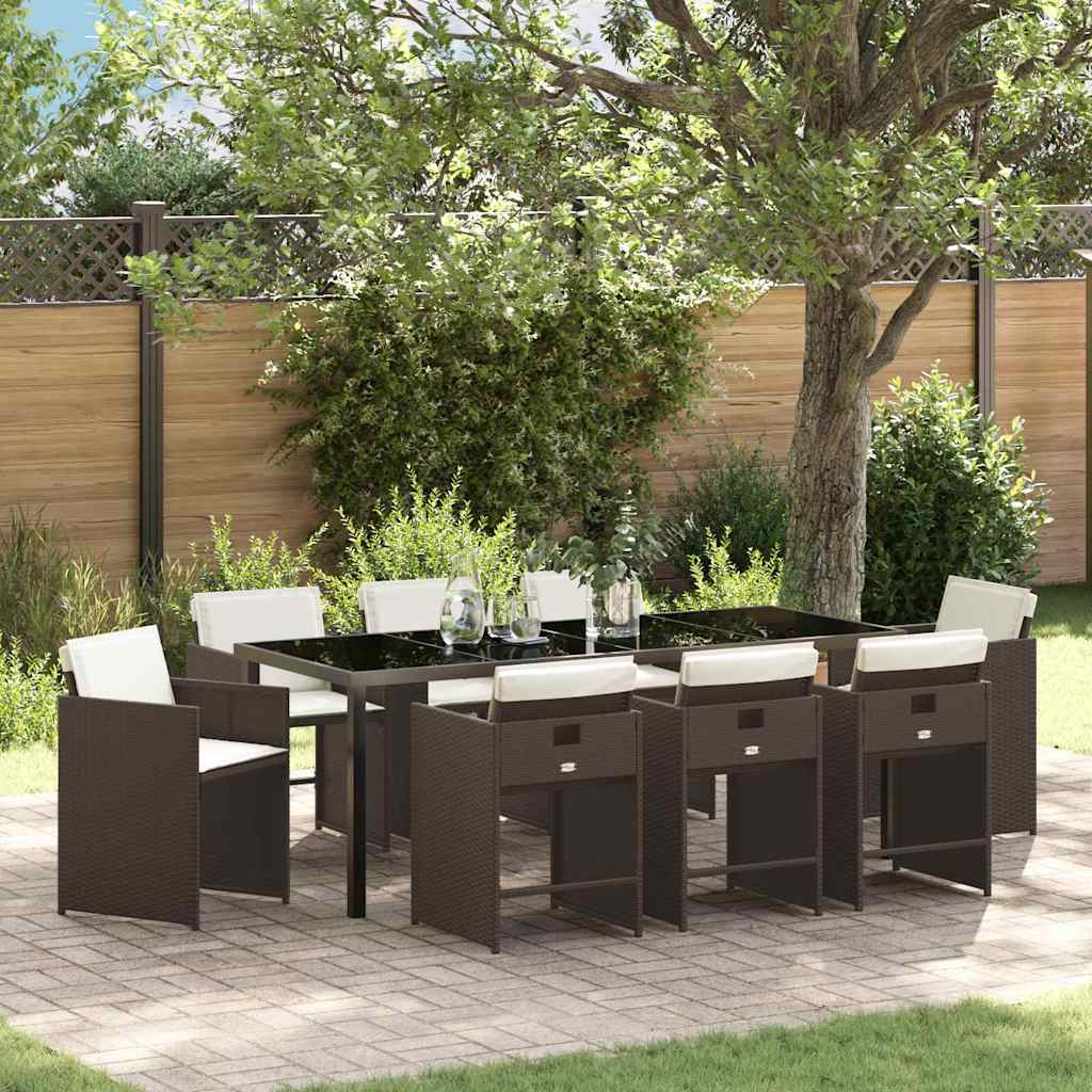 Set da Pranzo per Giardino con cuscino 9 pcs Marrone polyrattan