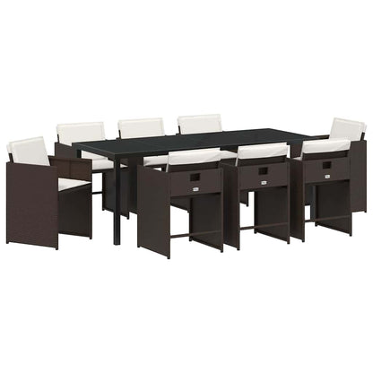 Set da Pranzo per Giardino con cuscino 9 pcs Marrone polyrattan