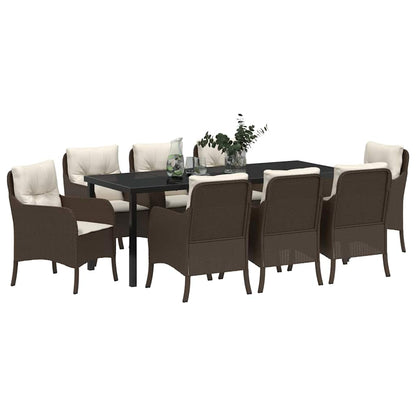 Set da Pranzo per Giardino con cuscino 9 pcs Marrone polyrattan