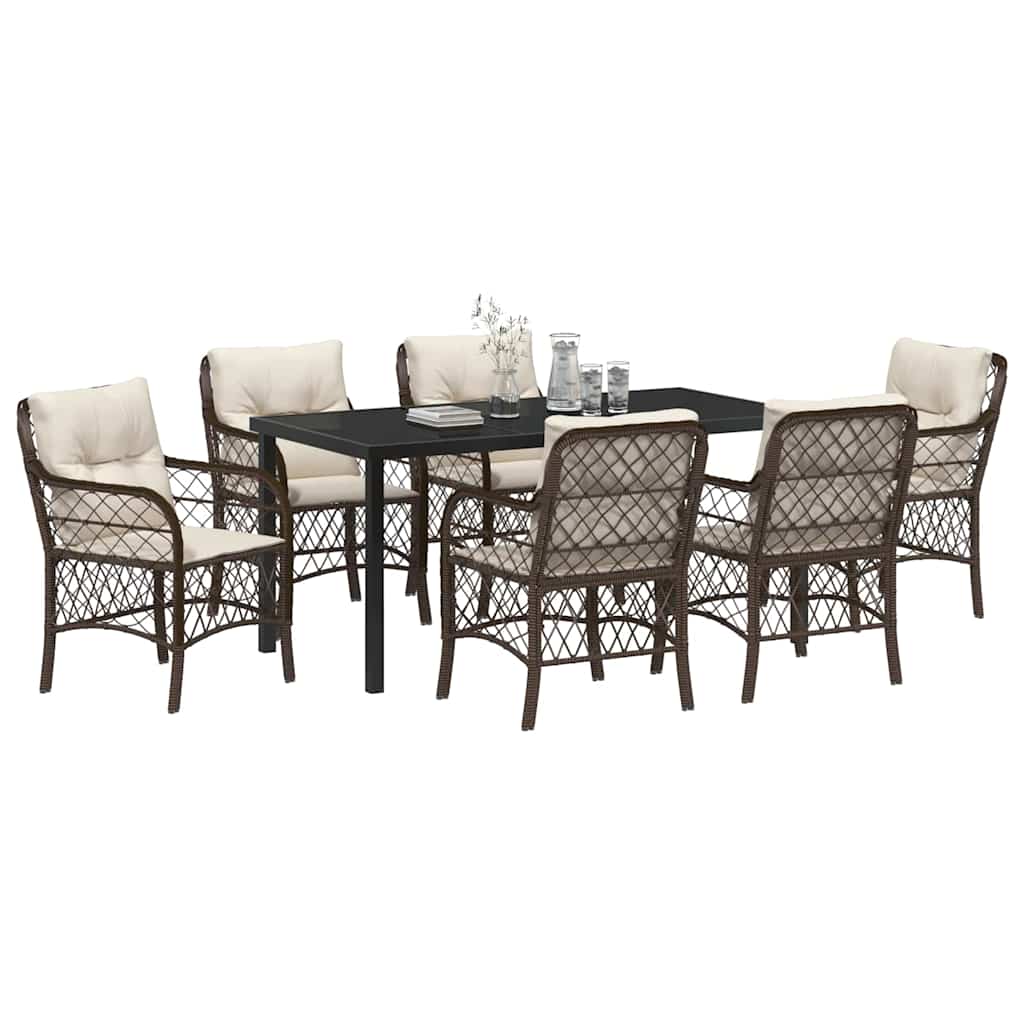 Set da Pranzo per Giardino con cuscino 7 pcs Marrone polyrattan