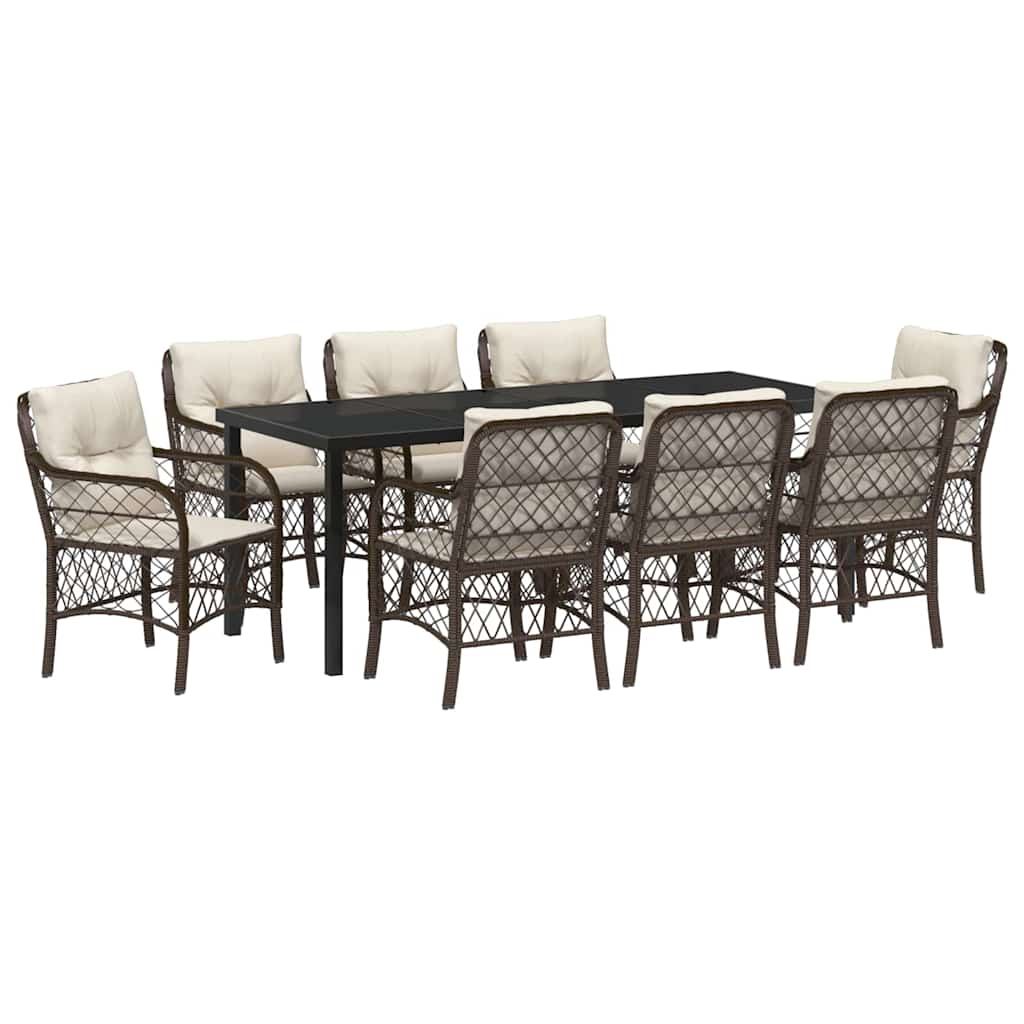 Set da Pranzo per Giardino con cuscino 9 pcs Marrone polyrattan
