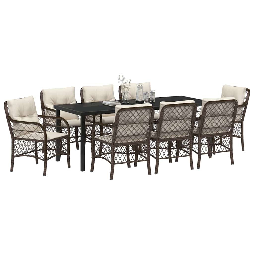 Set da Pranzo per Giardino con cuscino 9 pcs Marrone polyrattan