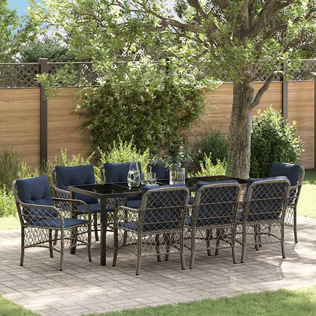 Set da Pranzo per Giardino 9 pcs Grigio e Nero Rattan