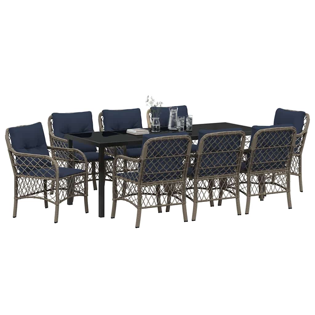 Set da Pranzo per Giardino 9 pcs Grigio e Nero Rattan