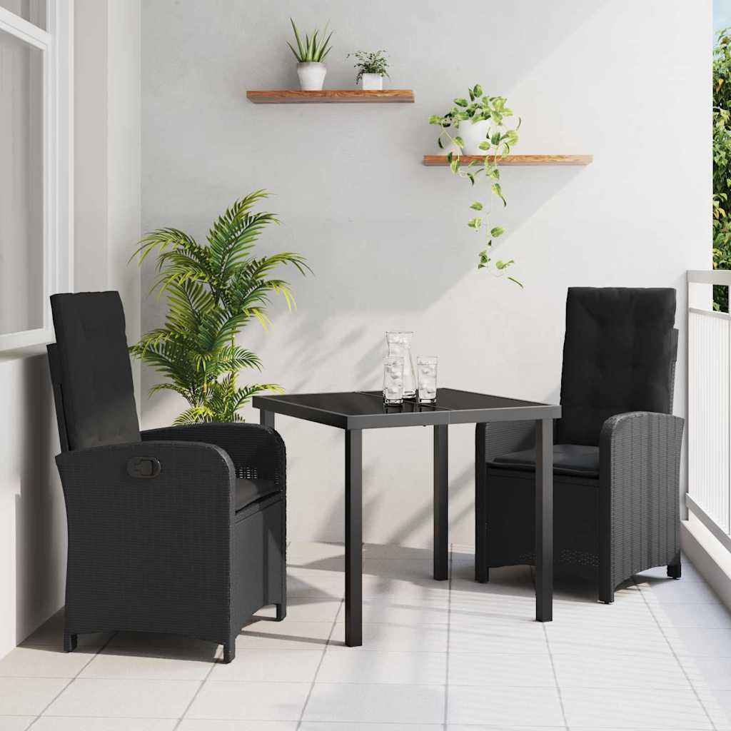 Set da Pranzo per Giardino con cuscino 3 pcs Nero polyrattan