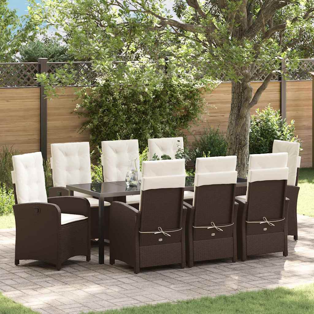 Set da Pranzo per Giardino con cuscino 9 pcs Marrone polyrattan