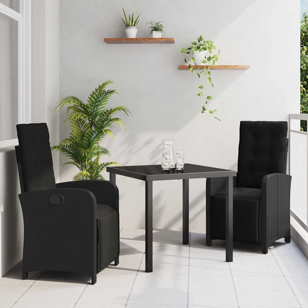 Set da Pranzo per Giardino con cuscino 3 pcs Nero polyrattan