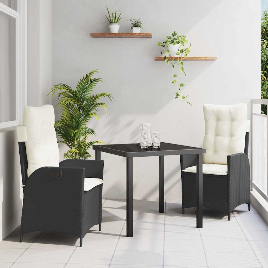 Set da Pranzo per Giardino con cuscino 3 pcs Nero polyrattan