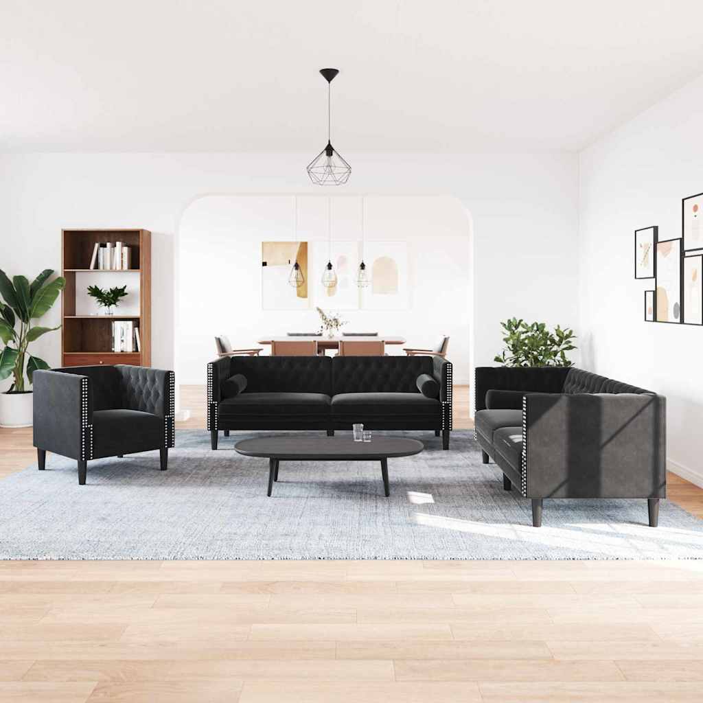 Divano per Soggiorno 3 pcs Nero 194 x 74,5 x 70,5 cm Velluto