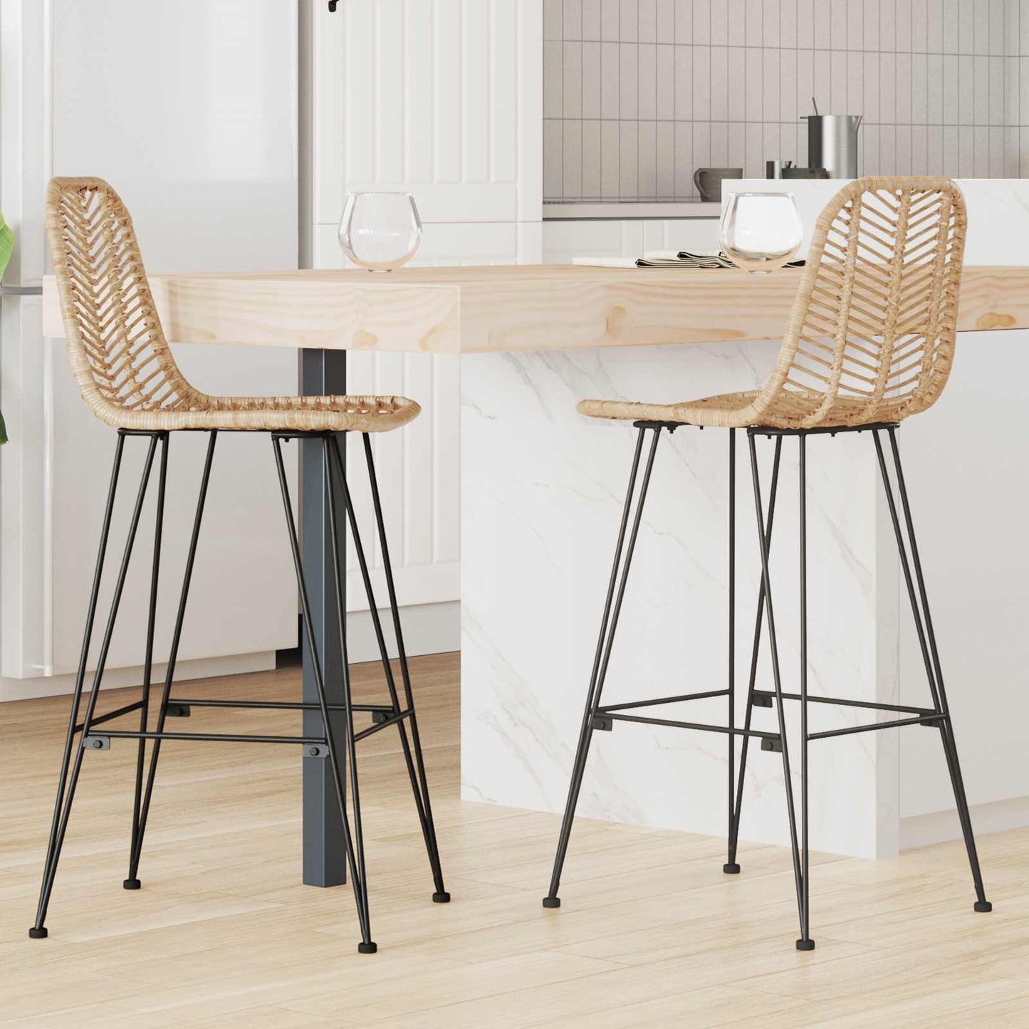 Sedia da Bar 2 pcs Naturale 44,5 x 53 x 111 cm Rattan e Ferro