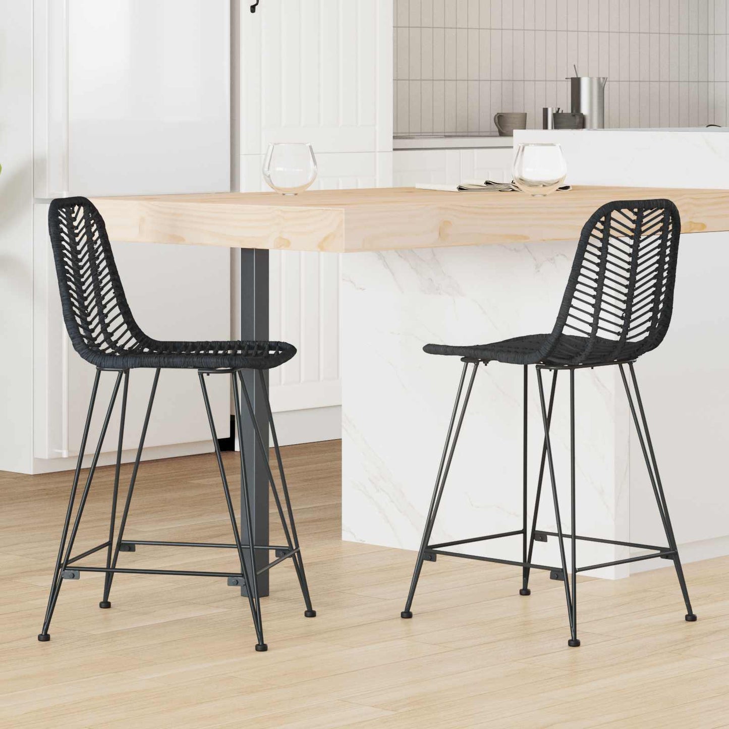 Sedia da Bar 2 pcs Nero 44,5 x 54,5 x 97,5 cm Rattan e Ferro