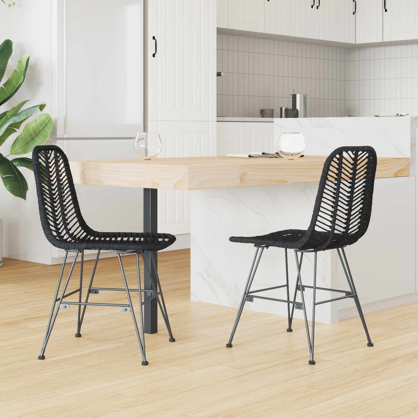 Sedia da pranzo 2 pcs Nero 44 x 47 x 85 cm Rattan e Ferro