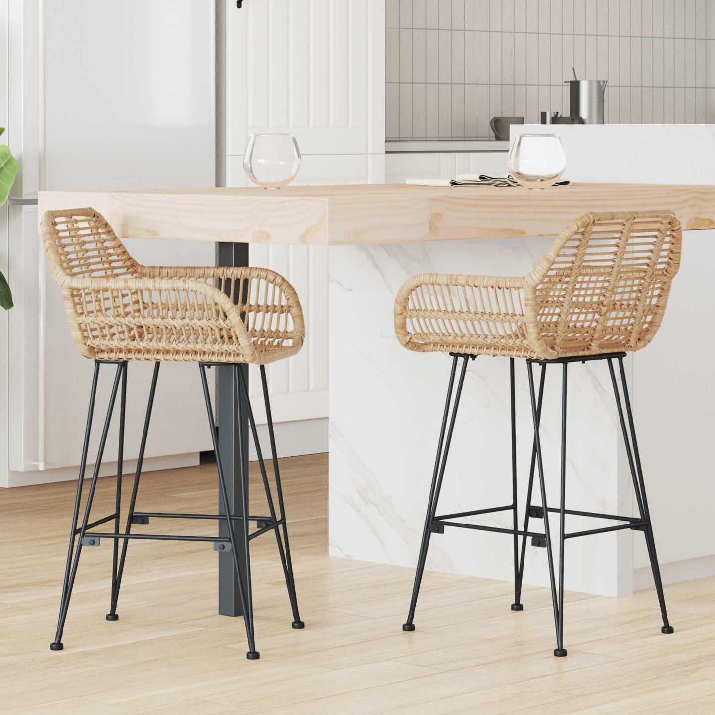 Sedia da Bar 2 pcs Naturale 55 x 52 x 92 cm Rattan e Ferro