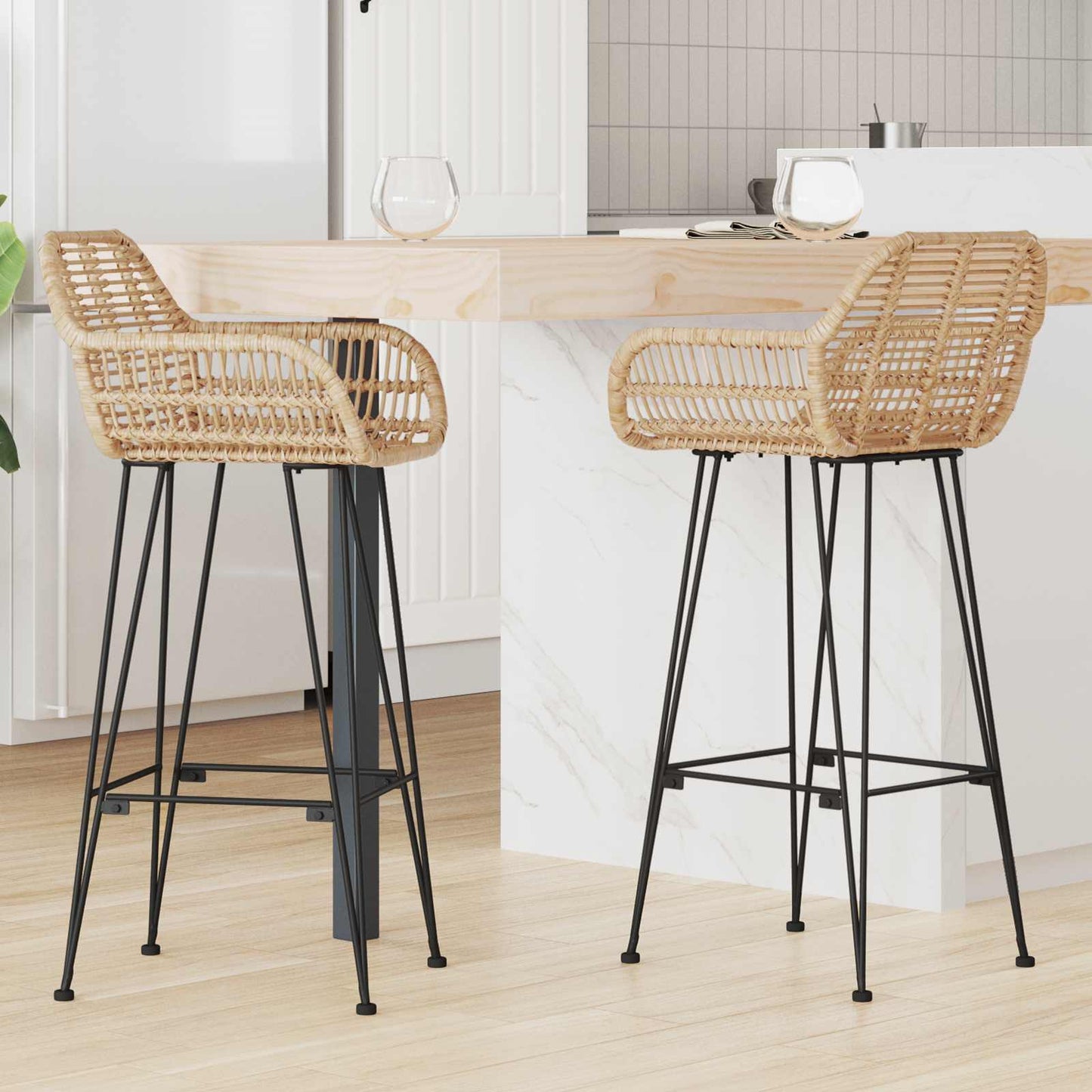 Sedia da Bar 2 pcs Naturale 55 x 52 x 105 cm Rattan e Ferro